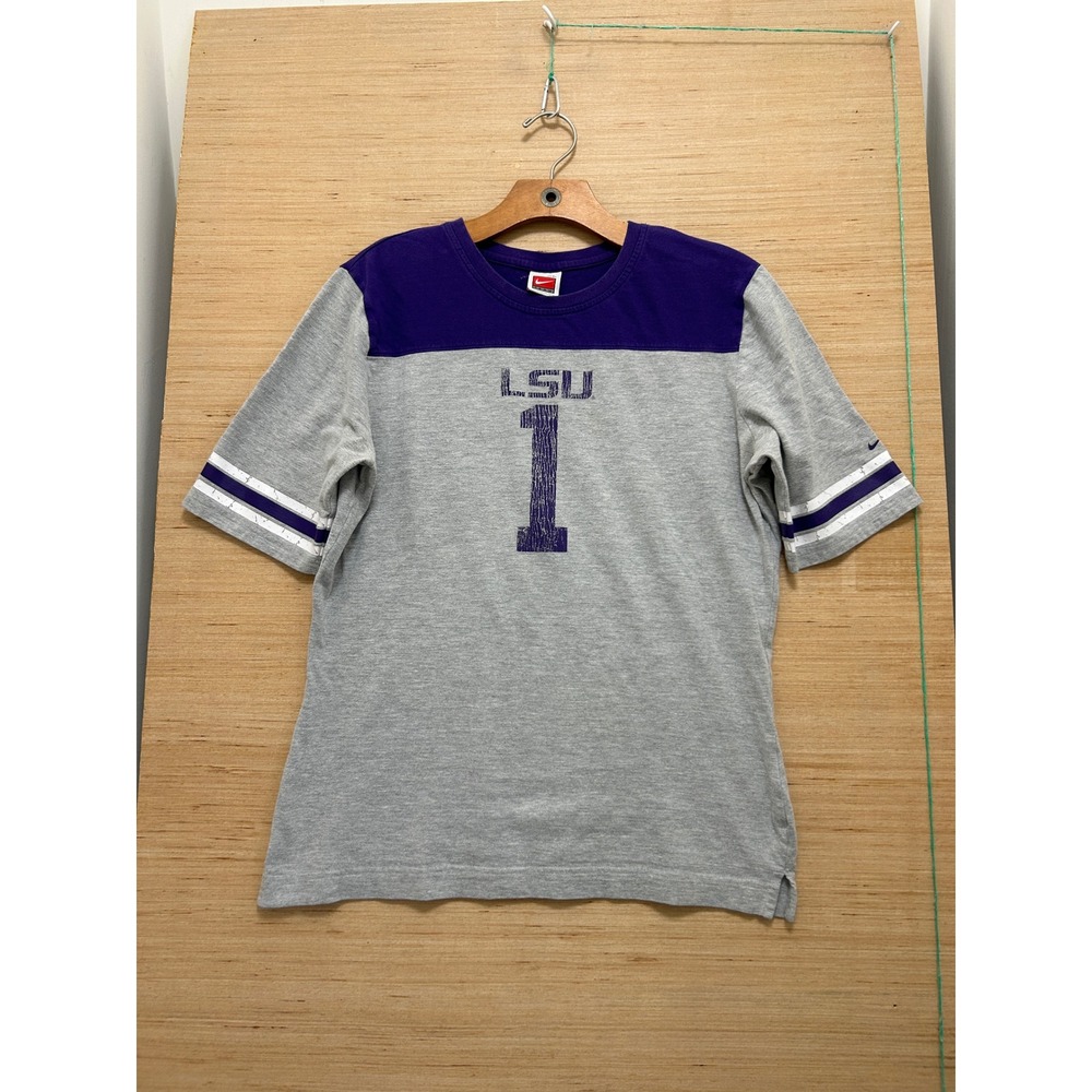 Nike Team LSU Tigers Grey Purple Jersey T-Shirt Distressed Graphic XL Youth‎
